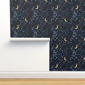 Moon Among the Stars - Blues with Yellow Moon - night sky constellations