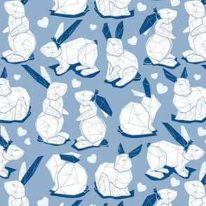 Small scale // Geometric Easter bunnies // slate blue background white rabbits with classic blue ears blue lines and blue ice hearts