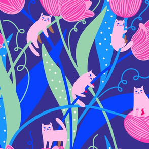 cats and tulips on blue background