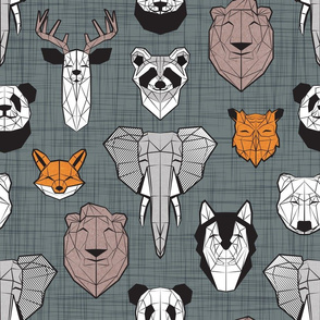 Normal scale // Friendly Geometric Animals // green grey linen texture background black and white orange brown and grey deers bears foxes wolves elephants raccoons lions owls and pandas