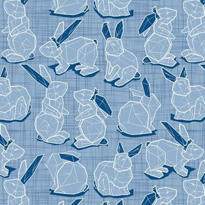 Small scale // Geometric Easter bunnies // slate blue linen texture background blue rabbits with classic blue ears white lines