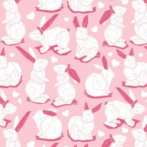 Small scale // Geometric Easter bunnies // pastel pink background and lines white rabbits 