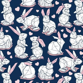 Small scale // Geometric Easter bunnies // midnight blue background white rabbits with pastel pink ears blue lines and pink ice hearts