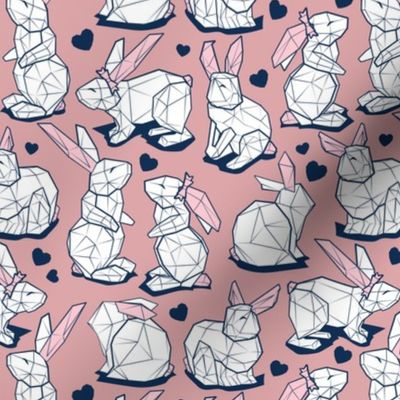 Small scale // Geometric Easter bunnies // flesh pink background and lines white rabbits with pastel pink ears and midnight blue hearts