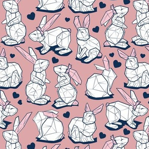 Small scale // Geometric Easter bunnies // flesh pink background and lines white rabbits with pastel pink ears and midnight blue hearts