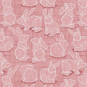 Small scale // Geometric Easter bunnies // blush pink linen texture background pink rabbits white lines