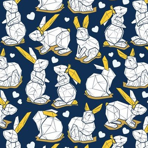 Small scale // Geometric Easter bunnies // midnight blue background white rabbits with yellow ears blue lines and white hearts