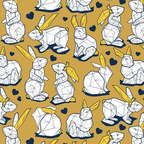 Small scale // Geometric Easter bunnies // yellow mustard background and lines white rabbits with yellow ears and midnight blue hearts