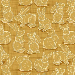 Small scale // Geometric Easter bunnies // mustard yellow linen texture background yellow rabbits white lines