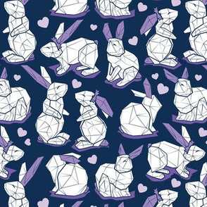 Small scale // Geometric Easter bunnies // midnight blue background white rabbits with violet ears blue lines