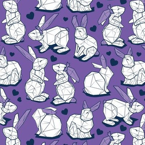 Small scale // Geometric Easter bunnies // violet background and lines white rabbits with violet ears and midnight blue hearts