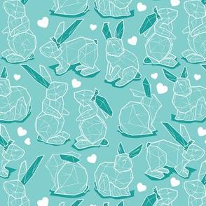 Small scale // Geometric Easter bunnies // mint green background and rabbits white lines
