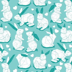 Small scale // Geometric Easter bunnies // mint green background and lines white rabbits