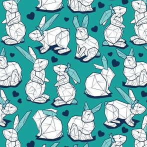 Small scale // Geometric Easter bunnies // green mint background and lines white rabbits with aqua ears and midnight blue hearts