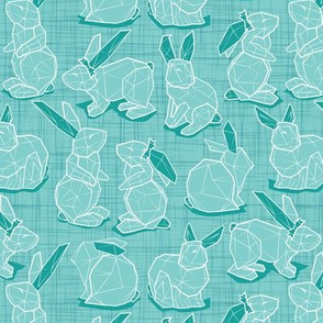 Small scale // Geometric Easter bunnies // mint green linen texture background mint rabbits white lines