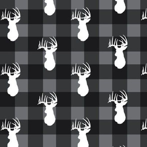 Deer Stag White on Grey Plaid