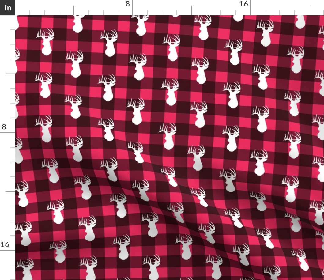 Deer Stag White on Pink Plaid