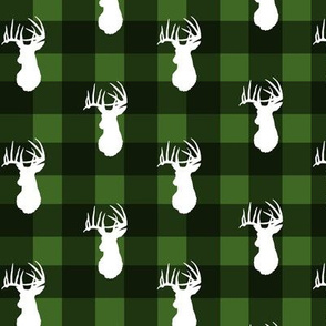 Deer Stag White on Green Plaid