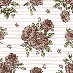 brown rose stripe fabric - brown roses, neutral rose, muted rose, muted floral