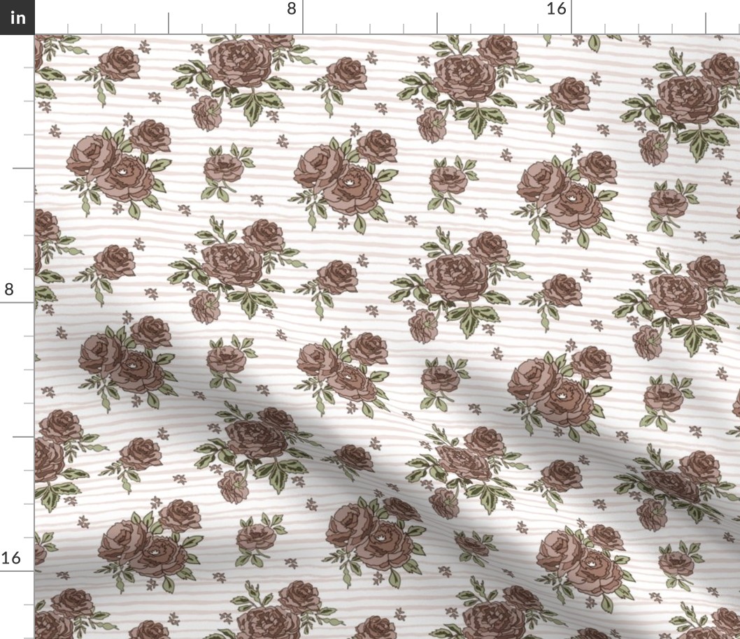 brown rose stripe fabric - brown roses, neutral rose, muted rose, muted floral