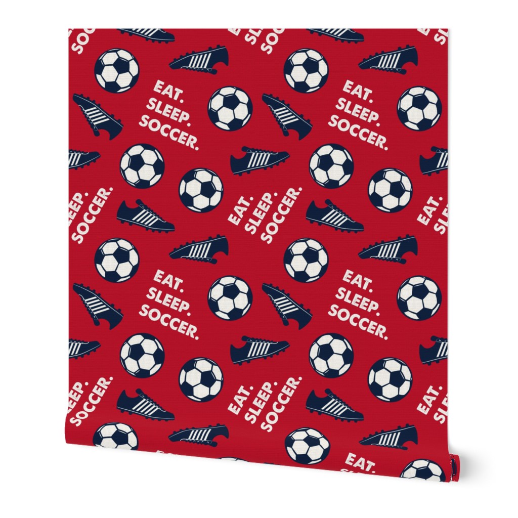 Eat Sleep Soccer - Soccer ball and cleats - navy on red - LAD19