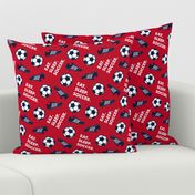 Eat Sleep Soccer - Soccer ball and cleats - navy on red - LAD19