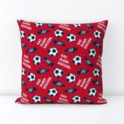 Eat Sleep Soccer - Soccer ball and cleats - navy on red - LAD19