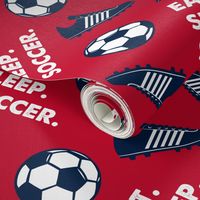 Eat Sleep Soccer - Soccer ball and cleats - navy on red - LAD19