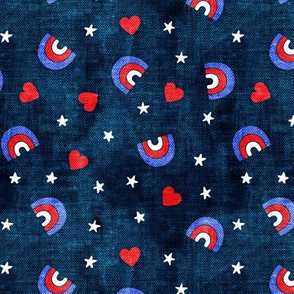 red white and blue rainbows, stars, hearts - navy -LAD20