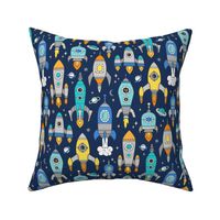 Vintage Space Galaxy Rockets Blue on Dark Blue