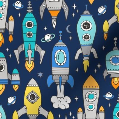 Vintage Space Galaxy Rockets Blue on Dark Blue