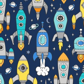 Vintage Space Galaxy Rockets Blue on Dark Blue