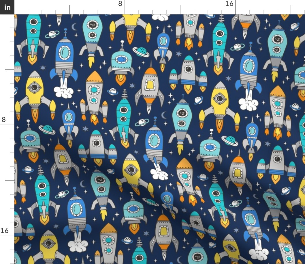 Vintage Space Galaxy Rockets Blue on Dark Blue