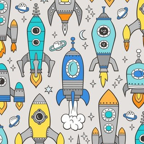 Vintage Space Galaxy Rockets Blue on Light Grey