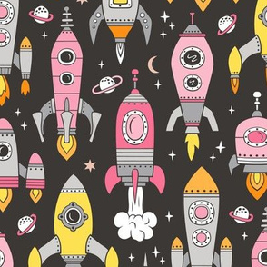 Vintage Space Galaxy Rockets Pink on Black