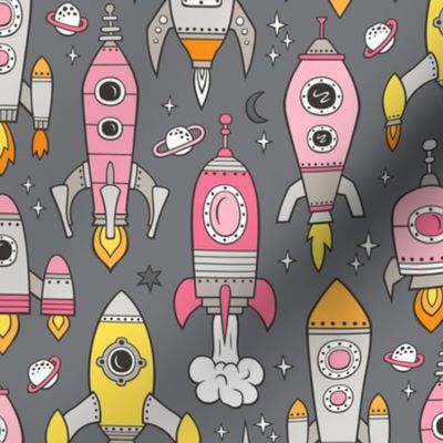 Vintage Space Galaxy Rockets Pink on Dark Grey