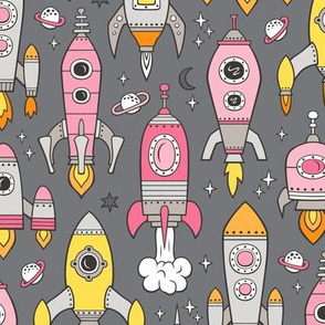 Vintage Space Galaxy Rockets Pink on Dark Grey