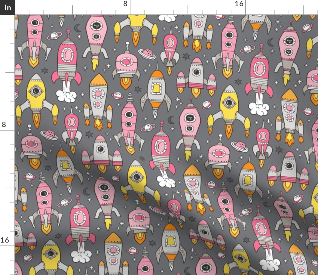 Vintage Space Galaxy Rockets Pink on Dark Grey