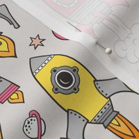 Vintage Space Galaxy Rockets Pink on Light Grey