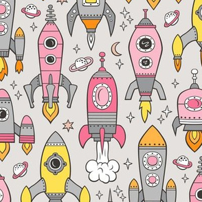 Vintage Space Galaxy Rockets Pink on Light Grey