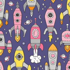 Vintage Space Galaxy Rockets Pink on Dark Purple