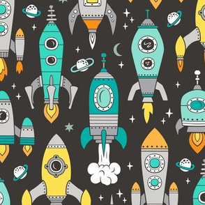 Vintage Space Galaxy Rockets Mint Green on Black