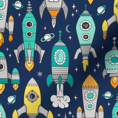 Vintage Space Galaxy Rockets Mint Green on Dark Blue