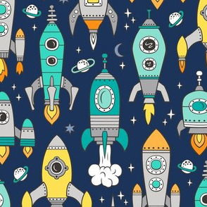 Vintage Space Galaxy Rockets Mint Green on Dark Blue