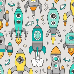 Vintage Space Galaxy Rockets Mint Green on Light Grey