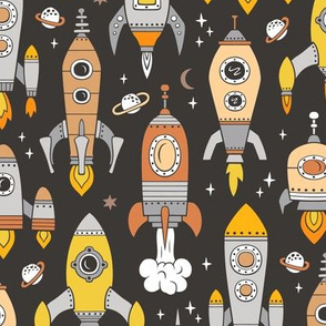 Vintage Space Galaxy Rocket Brown Orange on Black