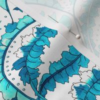 Openwork, watercolor, abstract leaves and flowers. Light turquoise, turquoise on a white background