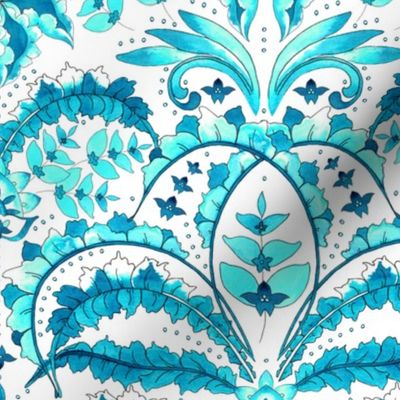 Openwork, watercolor, abstract leaves and flowers. Light turquoise, turquoise on a white background