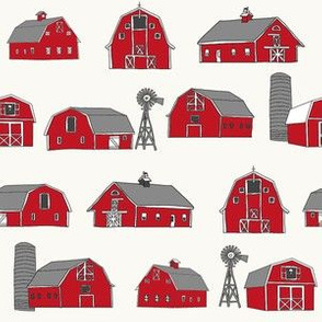 barn fabric - red barn fabric, farm fabric, farms fabric, - cream