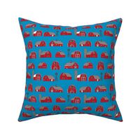 barn fabric - red barn fabric, farm fabric, farms fabric, - blue